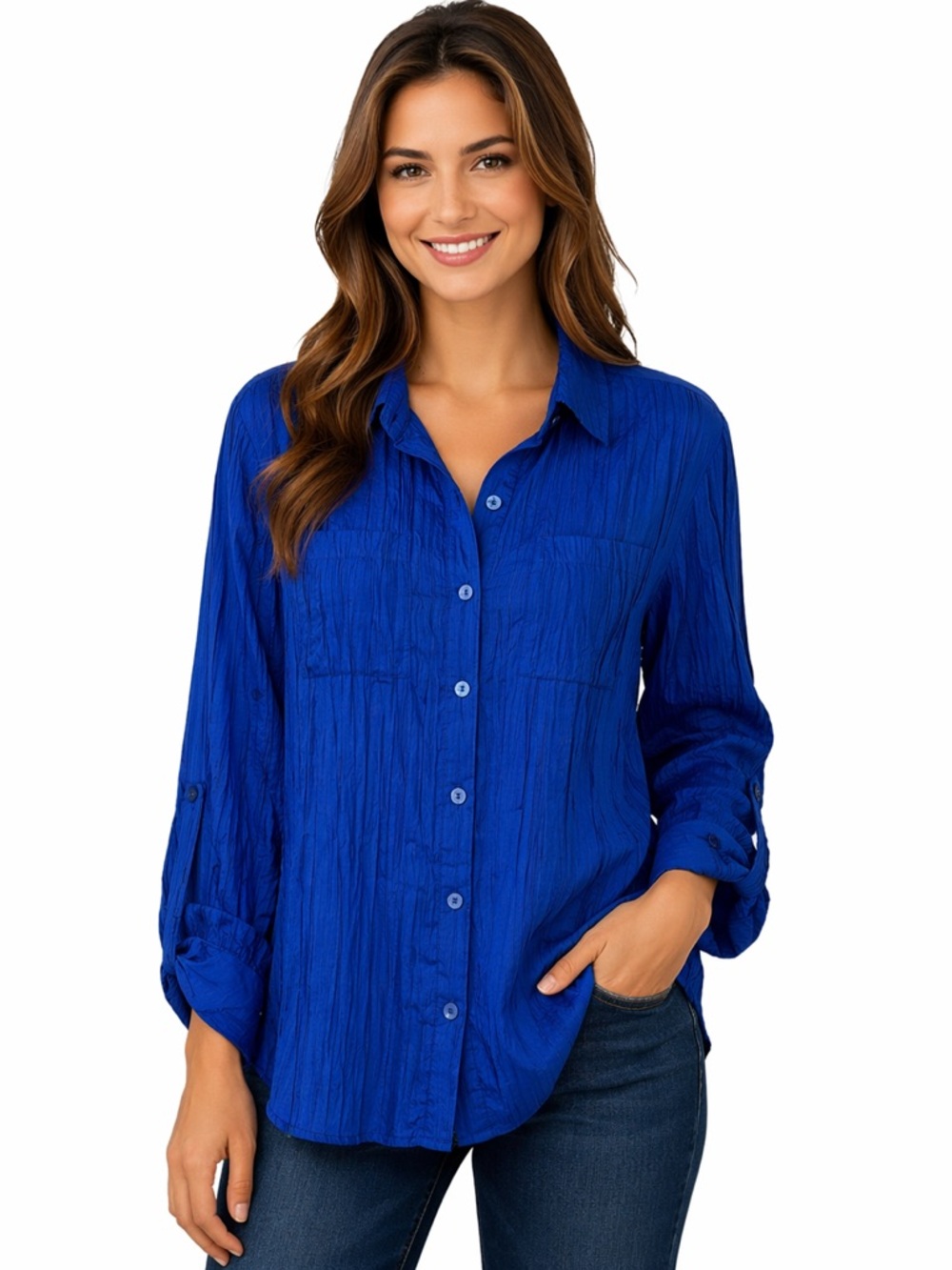 Chico’s Blue Crinkle Button Front Shirt Women’s Size 2 Large